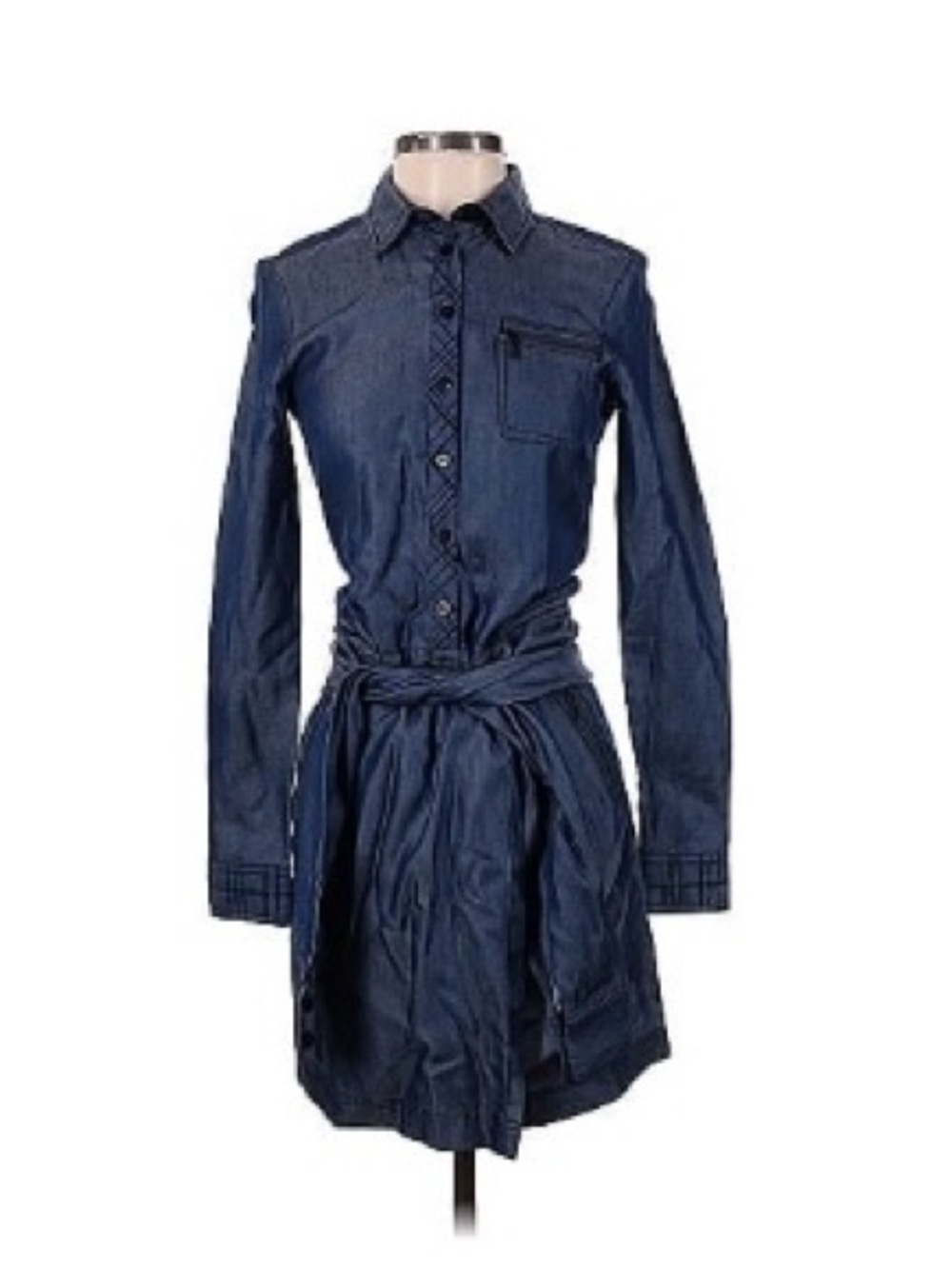 Long Sleeve Dark Denim Shirt Dress with Tie Waist